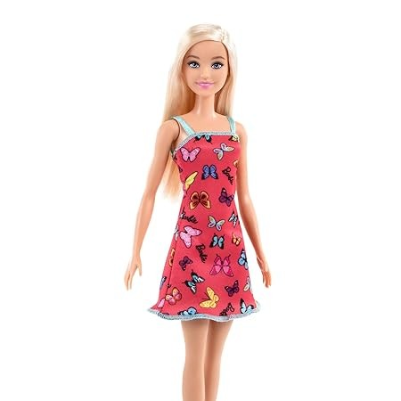 Barbie Doll (11.5 inches) with Colorful Butterfly and Barbie Logo Print Red Dress & Strappy Heels, Great Gift for Ages 3 Years Old & Up